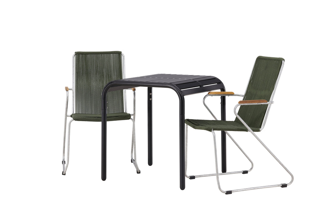 Borneo & Bois Cafebord Svart + Matstolar Grön