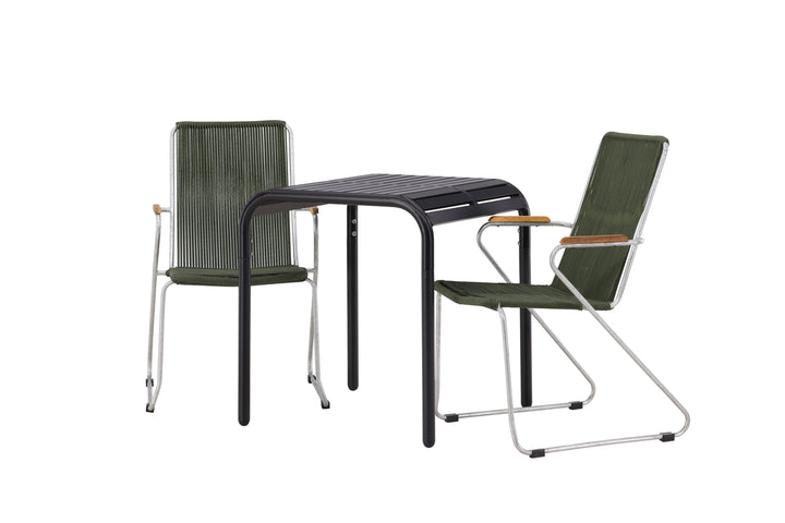 Borneo & Bois Cafebord Svart + Matstolar Grön